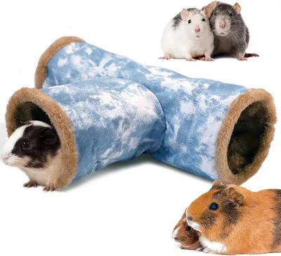 Produktbild von Famanu Fleece Tunnel für Kaninchen und Meerschweinchen - Faltbar und Waschbar - Spieltunnel mit 3 Rohren - Blau Φ15cm