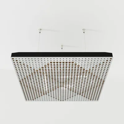 Zdjęcie produktu dla Zestaw 2 sztuk – wiszący panel akustyczny do sufitu z aksamitną okładziną i zestawem montażowym | 50 x 50 x 5 cm | pochłanianie dźwięku | [WILDS – białe tworzywo sztuczne | złoty]