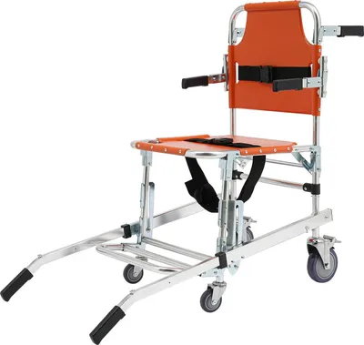 Produktbild von Evakuierungsstuhl für Treppen - Klappbar - Tragkraft 159 kg - Aluminiumlegierung - 4 Rollen (2 mit Bremse) - Sicherheitsgurte - Orange