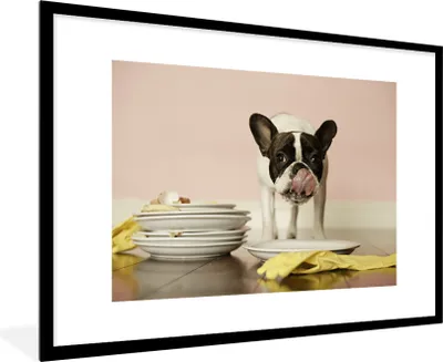 Produktbild von MuchoWow® MuchoWow® Gerahmtes Poster Hund - Futter - Lecken 90x60 cm - Poster mit zchwarzem Bilderrahmen - Wanddekoration - Fotos