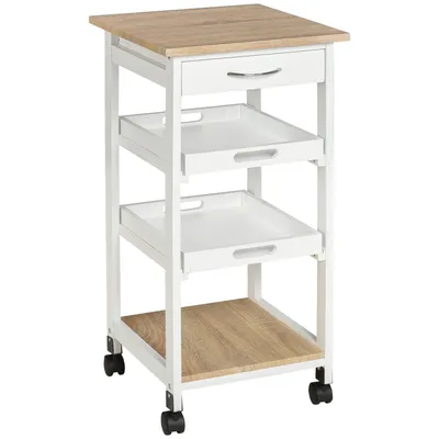 Image de HOMCOM Chariot de service desserte de cuisine à roulettes 2 plateaux amovibles, tiroir, étagère chêne clair bois pin blanc