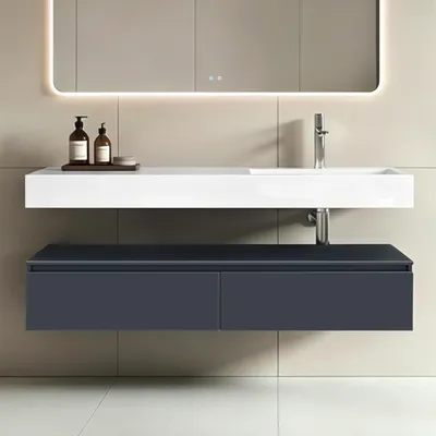 Image de doporro Meuble de Salle de Bain Gris Noir Mat Ensemble de 2 Pièces Meuble avec Lavabo 150cm Design Up avec 2 Grands Tiroirs