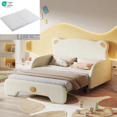 Produktbild von MODFU Kinderbett Polsterbett 140x105 & 140x200 mit Matratze,Schlafsofa Daybett für Teenager mit LED-Lichtleiste,Ausziehbett mit lattenrost,Beige