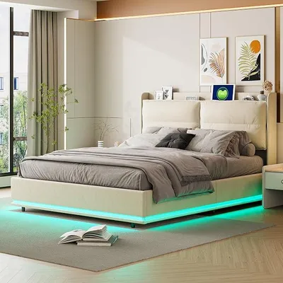 Produktbild von Boxspringbett 140 x 200 cm, Doppelbett mit LED-Leuchten und USB, gepolsterte Bettstruktur aus Samt mit Lattenrost, Bett für Erwachsene und Jugendliche, Beige (Beige-B, 140 x 200 cm)