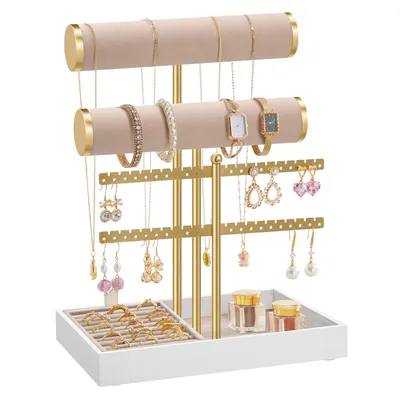 Produktbild von SONGMICS Schmuckständer mit abnehmbarem Ringhalter, Schmuck-Organizer, Tablett aus Plüsch, gold-beige