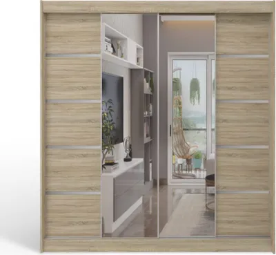 Produktbild von Easy Furniture B5 Schiebetüren Kleiderschrank 200 x 215 cm cm mit Spiegel - Schlafzimmermöbel, Aufbewahrung - Mehrzweckschrank - Farbe: Sonoma - 2 Schiebetüren