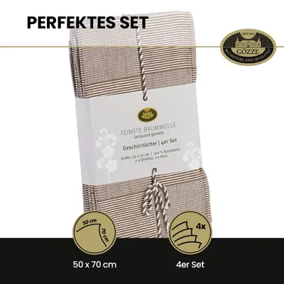 Produktbild von Gözze Geschirrtuch mit Aufhängeschlaufe taupe 50x70 cm, 4er-Pack (2xStreifen, 2xKaro)