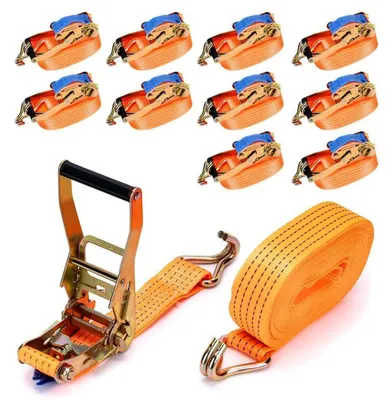 Productafbeelding van 10 spanbanden met ratelsluiting, 8 meter lang, 5000 kg draagvermogen, 50 mm haken, oranje, geschikt voor vrachtwagens en aanhangwagens, 5T