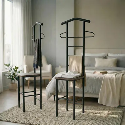 Produktbild von Herrendiener JIVO 2er Set, schwarz/braun – stummer diener mit ablage aus Metall und MDF, kleiderständer modern für Schlafzimmer, stabiler kleiderbutler, hosenständer, stiller diener, platzsparend