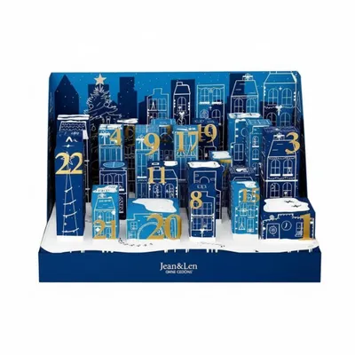 A Christmas advent calendar designed to look like a city skyline with numbered houses.