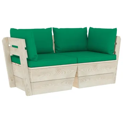 A two-seater sofa made of wooden pallets with green cushions, shown against a white background.