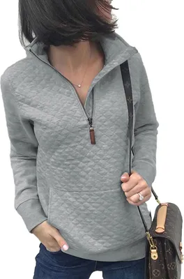 Produktbild von Frauen Kragen Pullover Zip Up Sweater Casual Langarm Sweatshirt Pullover Tasche,Farbe: Grau,Größe:L