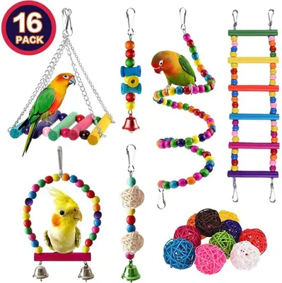 Image de Set de 16 jouets pour oiseaux pour perroquets, jouets en bois colorés pour cage à oiseaux, sûrs et durables, pour calopsittes et perruches