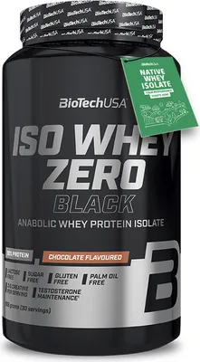 Produktbild von BioTechUSA Iso Whey Zero Black, Pulver, Molkenprotein isoliert, Schokolade, L-Alanin, L-Arginin, L-Asparaginsäure, L-Cystein, L-Glutaminsäure, L-Glutamin, L-Glycin,..., 27 g, 122 kcal
