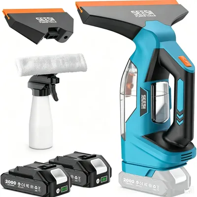 Image de Aspirateur à fenêtre sans fil - Nettoyeur de fenêtres électrique - 2 batteries de 2,0 Ah - 2 buses d'aspiration - Réservoir amovible de 150 ml - Pour fenêtres, carrelages et miroirs
