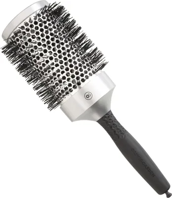 A round hairbrush with a silver barrel and black bristles, set against a white background.