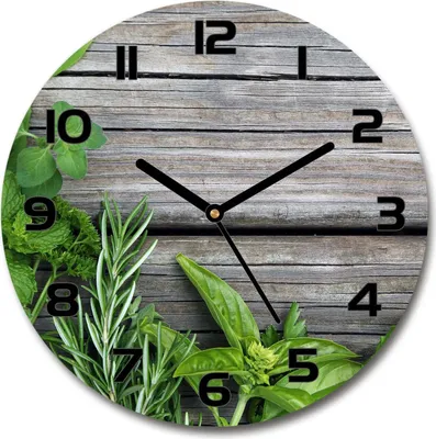 Produktbild von Wanduhr aus Glas 30fi Glasbild Glasuhr Gehärtetes Glas - schwarze-zeiger - Wooden background herbs