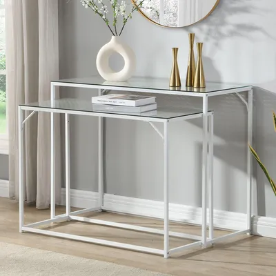 Produktbild von FineBuy Konsolentisch Set 2er Weiß Metall mit Glasplatte Moderne Dekotische für Flur Wohnzimmer Schmale Ablagetische im Industrial platzsparend