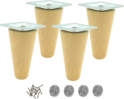 Four wooden furniture legs with metal mounting plates and a pile of screws and felt pads.