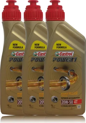 Three bottles of Castrol Power 1 motor oil lined up against a white background.