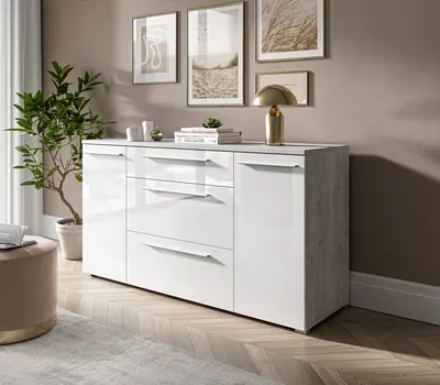 Produktbild von Sideboard Kommode LIVIA Weiß Hochglanz Beton Optik Schubladen 2-türig BERLIN