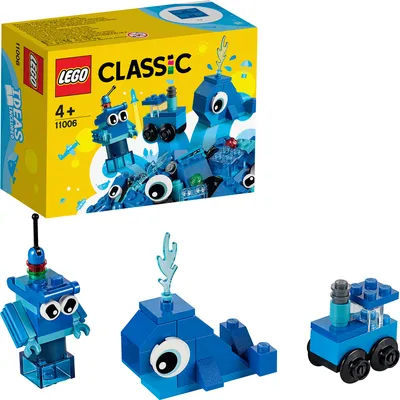 Produktbild von LEGO 11006 Classic Blaues Kreativ-Set, kreatives Spielzeug ab 4 Jahren mit Spielzeug-Wal, Zug, Roboter, Geschenk für Kinder Steine-Box mit Bausteinen