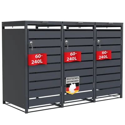 A dark gray, three-unit trash bin enclosure is shown against a white background.