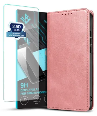 Produktbild von Handyhülle für Xiaomi Redmi Note 14 Pro 5G mit 9H Displayglas Kunstleder Flip Cover Hülle Klapphülle Case Kartenfach Farbe: Rosa