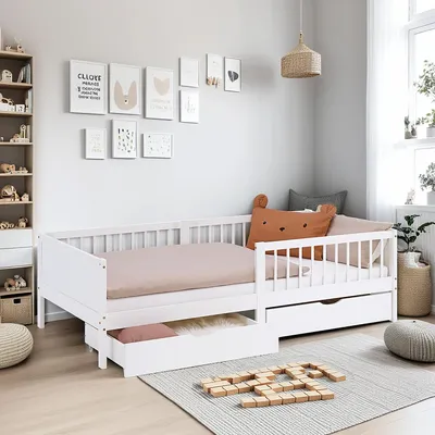 Produktbild von Homestyle4u Kinderbett 90x200 Holzbett mit Rausfallschutz 2 Bettkästen Lattenrost Weiß 2911