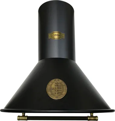 A black kitchen range hood with gold accents and logos, isolated on a white background.