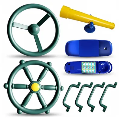 Produktbild von Relaxdays Spielturm Zubehör, 8-tlg. Set, 4 Klettergerüst Griffe, 2 Steuerräder, Fernrohr, Telefon, Gartenspielzeug, bunt