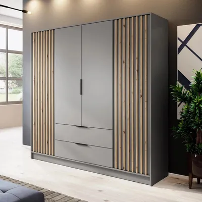 Produktbild von Kleiderschrank Stilo Grau Matt mit Lamellen – 206 cm, 4 Türen, 2 Schubladen, Modernes Design