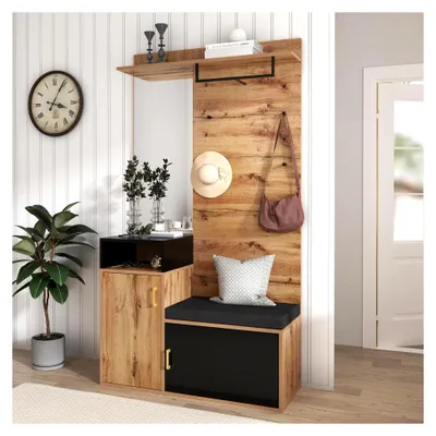Produktbild von Garderobe Set mit 4 Kleiderhaken, Spiegel, Schuhschrank und Sitzbank für Flur und Eingangsbereich, Wandbohrung erforderlich
