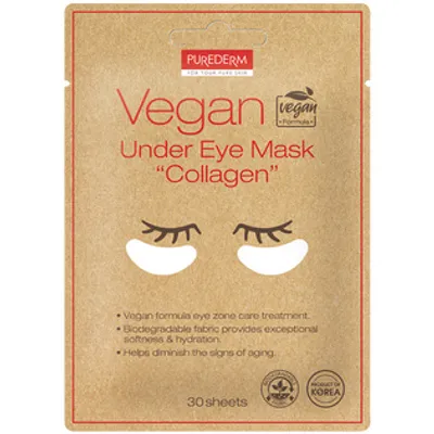 A product package for vegan under eye masks with collagen.