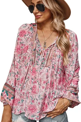 Produktbild von Bluse für Damen mit V-Ausschnitt, Blumenmuster und Puffärmeln, locker geschnitten, in Rosa