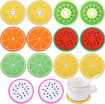 Produktbild von Set von 14 gummierten Obstuntersetzern - Zitronen-Design - Rutschfest und isoliert - Dekorativ für Tassen, Tische, Bars und Gläser