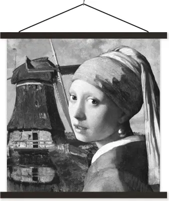 Produktbild von MuchoWow® Textilposter Das Mädchen mit dem Perlenohrring - Johannes Vermeer - Schwarz und weiß 120x120 cm mit schwarzem Rahmen - Aufhängungsset