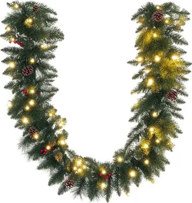 Image de HOMCOM Guirlande de Noël artificielle lumineuse de 1,8 m décoration de Noël avec pommes de pin, grappes de baies, 50 lumières LED et minuterie pour escaliers, cheminées, vert