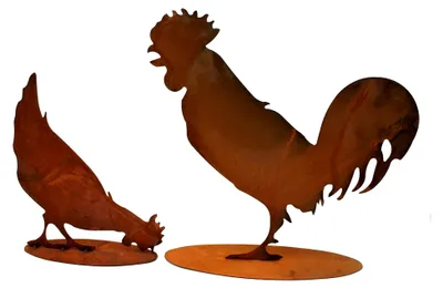 Produktbild von Gartendekoration aus Edelrost: Huhn 27 cm und Hahn 35 cm im Vintage-Stil