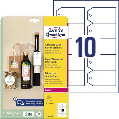 Image de AVERY Zweckform T2002-10 AVERY Zweckform Hängeetiketten weiß 90,0 x 50,0 mm blanko, 100 St.