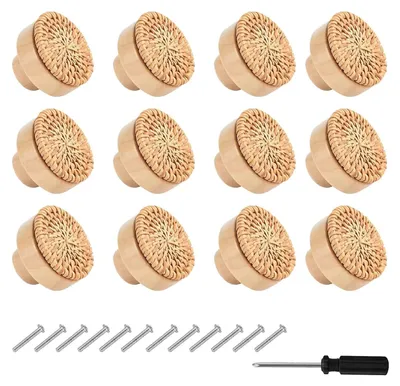 Produktbild von 12 Stück Rattan Möbelknöpfe Schrankknöpfe mit Schrauben und Schraubendreher Schubladenknöpfe Rattan Schränke Holz für Kommodenknöpfe Schrank Schubladen Wohnzimmer (1.57 zoll)