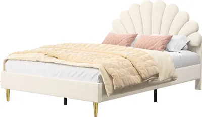 Image de Lit double Moonbite 140x200 cm, revêtement en velours beige avec tête de lit à motifs floraux, sommier à lattes, style scandinave, capacité jusqu'à 250 kg