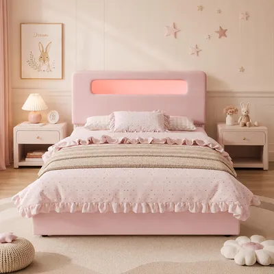 Productafbeelding van Merax gestoffeerd bed 140x200 cm met 4 lades, kinderbed met open opbergruimte in het hoofdeinde, tweepersoonsbed met opbergruimte en LED-verlichting, lattenbodem, roze