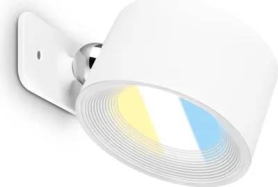 A modern white wall-mounted lamp with a silver joint, emitting yellow and blue light.