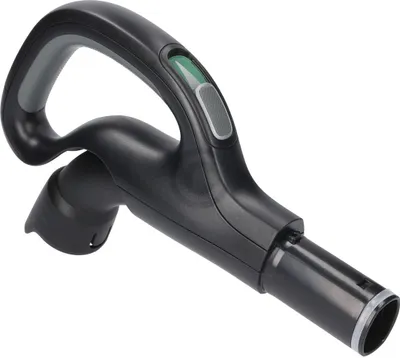 A black vacuum cleaner handle with gray and green accents is shown against a white background.