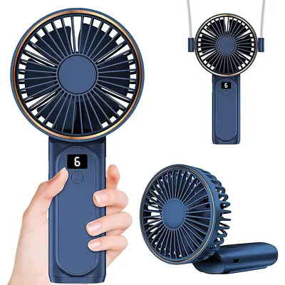 Produktbild von Handventilator, kleiner Ventilator zum Umhängen am Hals, faltbar, mit drei Geschwindigkeitsstufen, blau