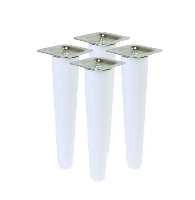 Four white furniture legs with silver mounting plates are arranged in a group on a white background.
