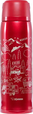 A red thermos with a camping-themed illustration.