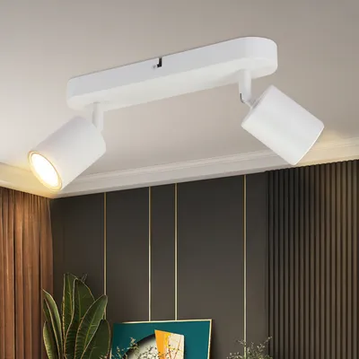 A white ceiling light fixture with two adjustable spotlights is mounted on a white ceiling. The background below the fixture shows a dark wall with vertical gold stripes and a brown curtain on the left.