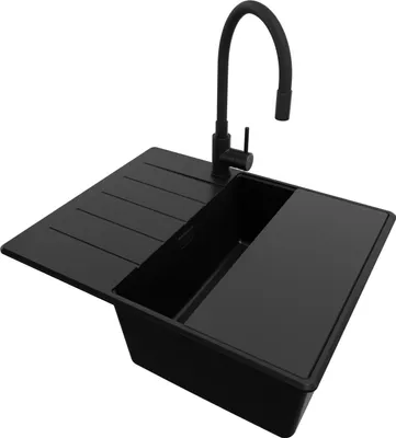 A black kitchen sink with a black faucet against a white background.